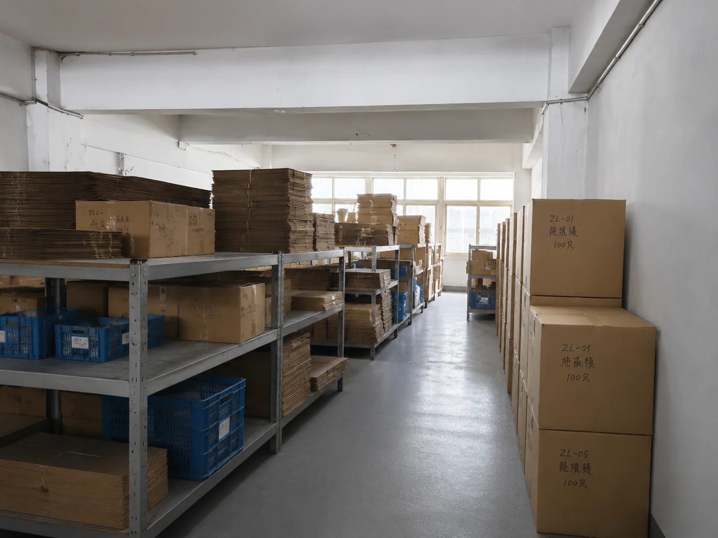 Packing materials and boxed products stored inside the SHENGGUANG factory