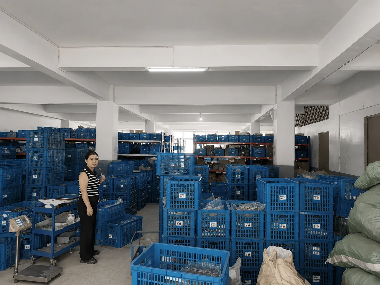 Parts storage area with blue bins at the SHENGGUANG factory